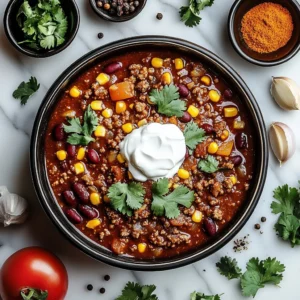 Delicious homemade chili in a bowl, garnished with fresh herbs.