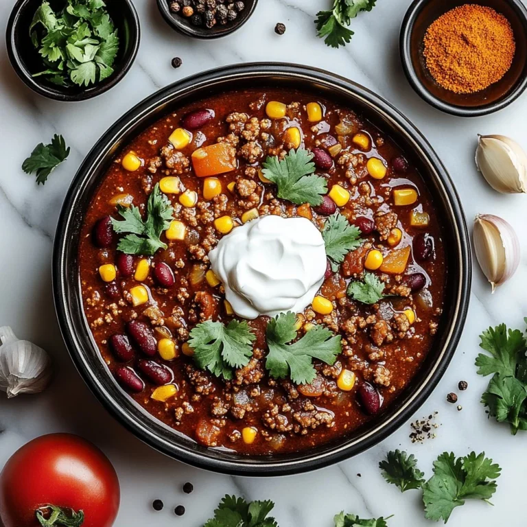 Delicious homemade chili in a bowl, garnished with fresh herbs.