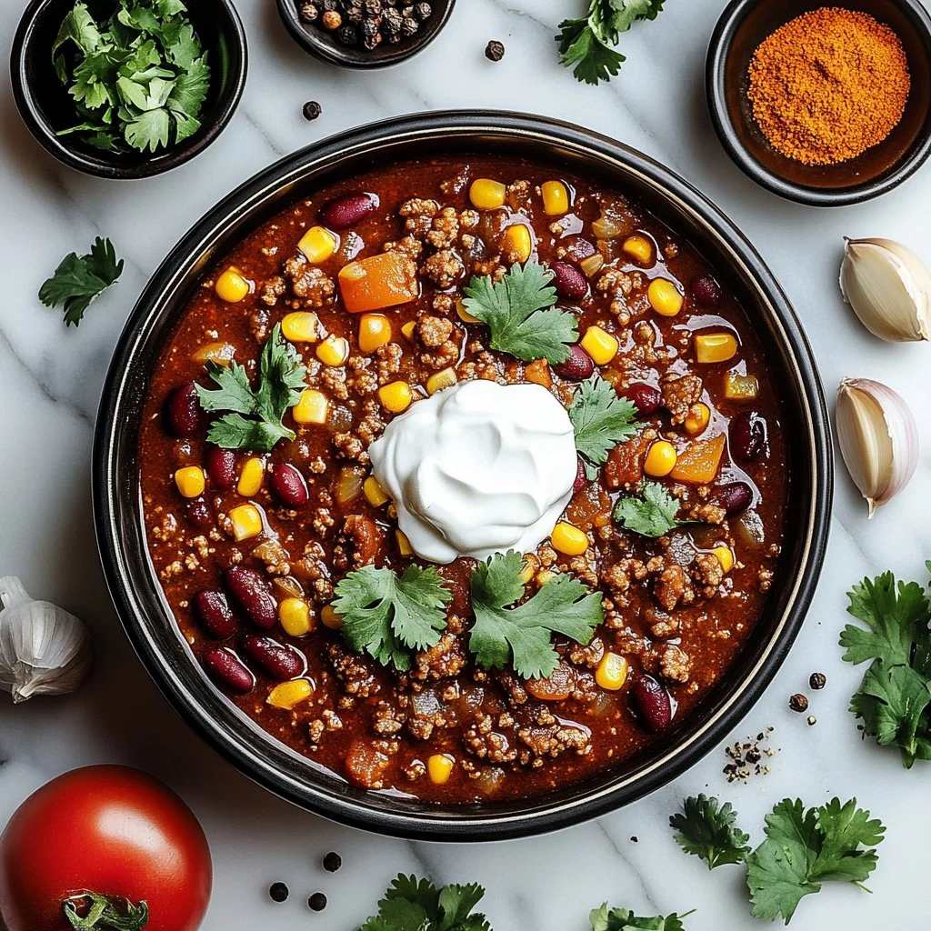 Delicious homemade chili in a bowl, garnished with fresh herbs.