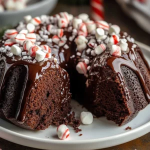 Hot peppermint chocolate cake topped with whipped cream and crushed candy canes