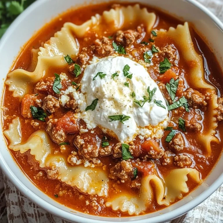 Bowl of delicious homemade lasagna soup topped with cheese and herbs
