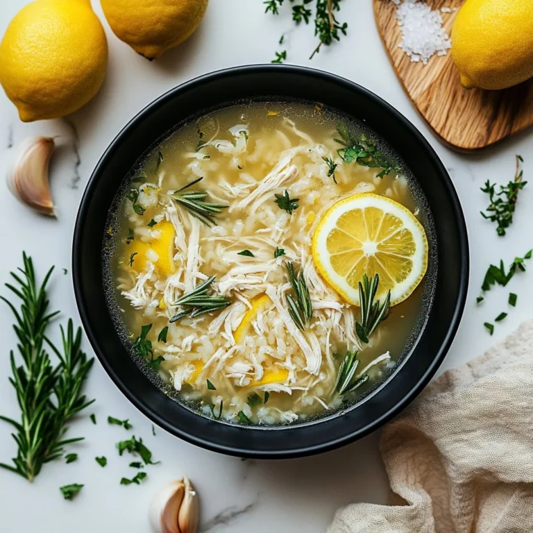 Bowl of Lemon Ginger Turmeric Chicken Rice Soup garnished with herbs and lemon.