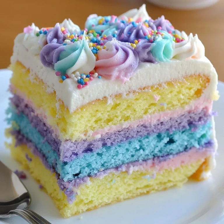 A vibrant Magical Unicorn Poke Cake topped with colorful sprinkles and whipped cream