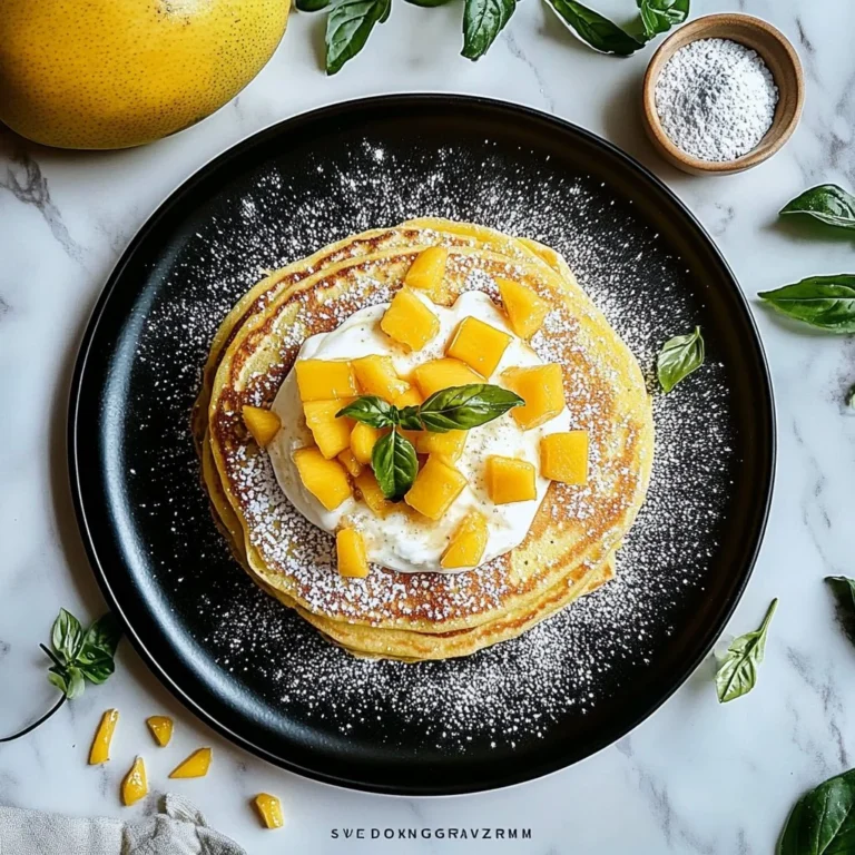 Delicious mango pancakes topped with fresh mango slices and syrup.