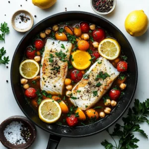 Mediterranean style baked fish garnished with herbs and lemon slices