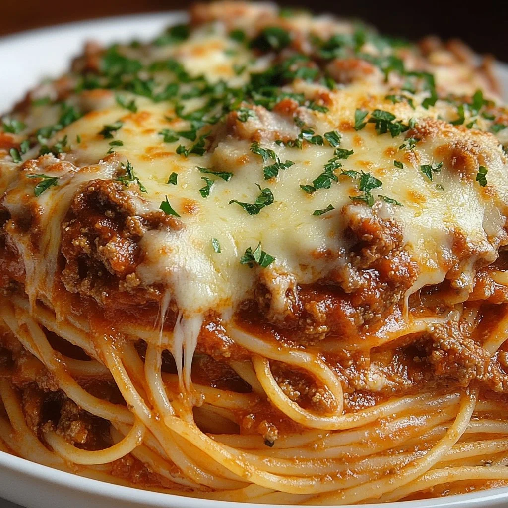 Delicious Million Dollar Spaghetti Bake with layers of cheese and sauce
