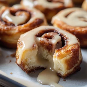 Mini Brown Butter Cinnamon Buns topped with icing on a wooden table