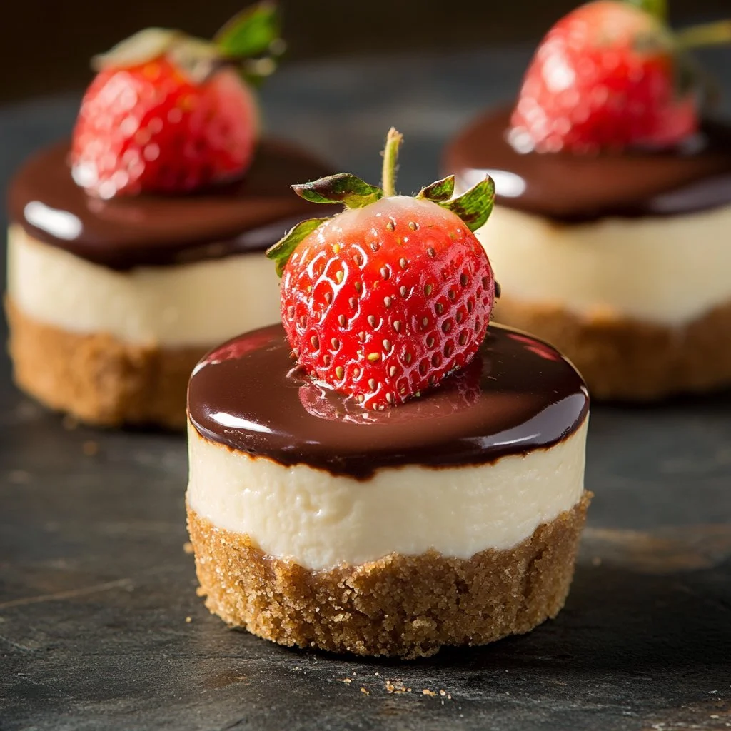 Mini cheesecakes topped with chocolate covered strawberries on a dessert table