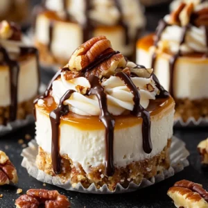 Mini turtle cheesecake bites topped with caramel, chocolate, and pecans