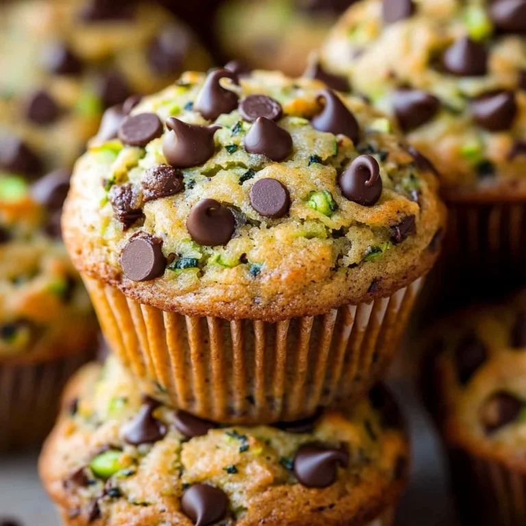 Moist zucchini chocolate chip muffins with chocolate chips on a plate