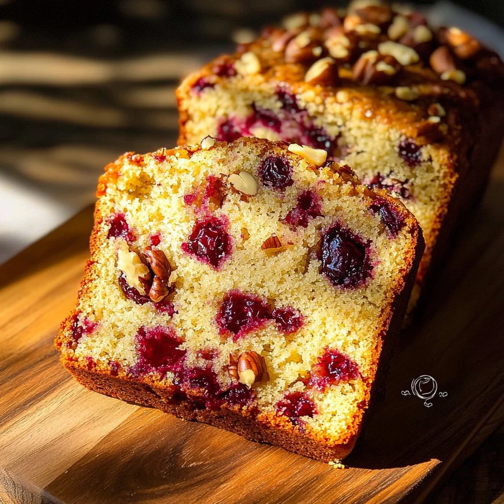 Homemade Cranberry Walnut Loaf with cranberries and walnuts on a wooden table