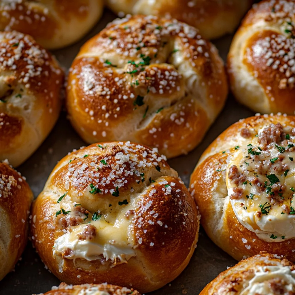 Freshly baked morning stuffed pretzel rolls filled with cheese and herbs.