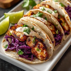 Delicious fish tacos with lime crema and fresh toppings