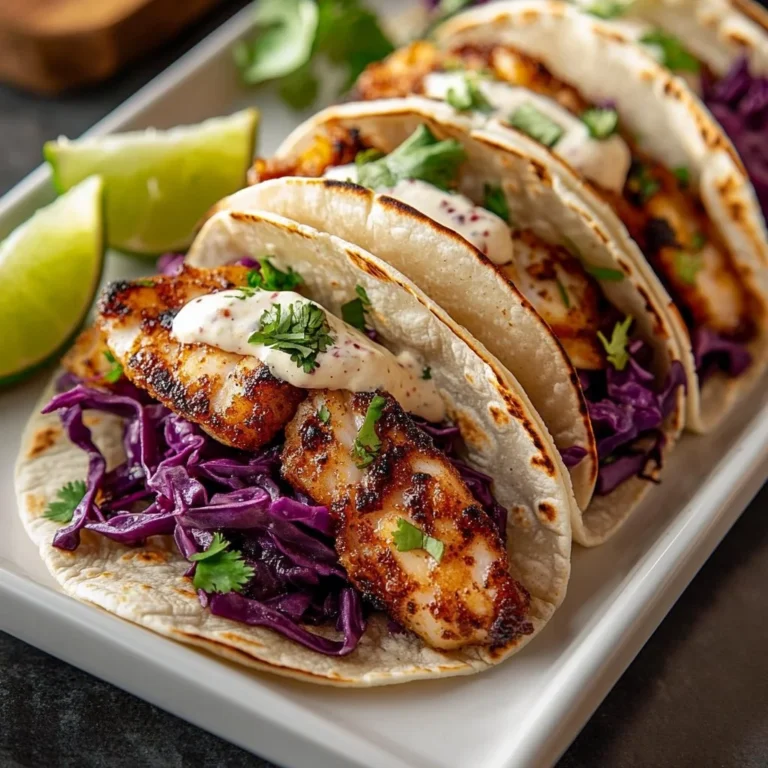 Delicious fish tacos with lime crema and fresh toppings