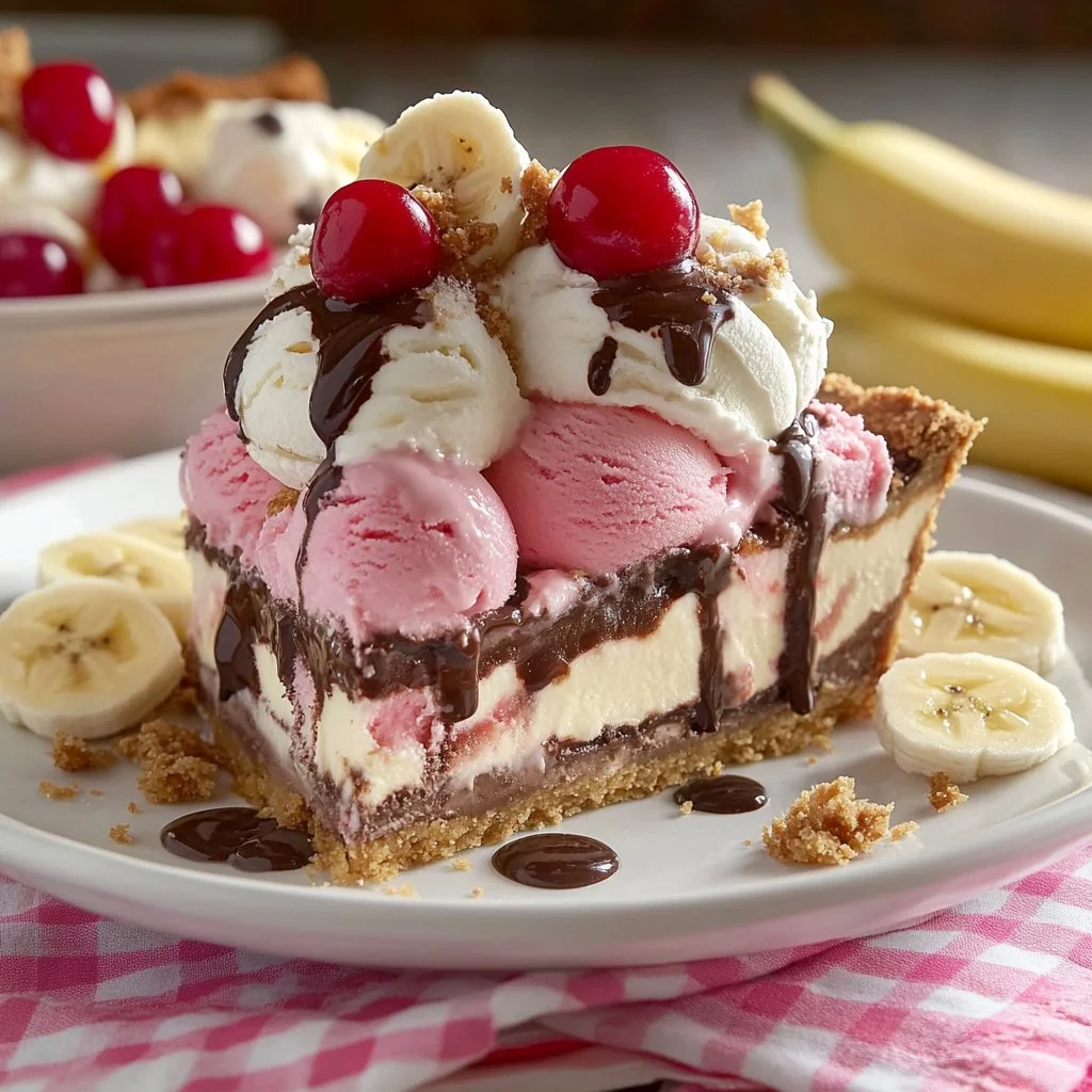 Delicious No-Bake Banana Split Pie with bananas, whipped cream, and chocolate sauce