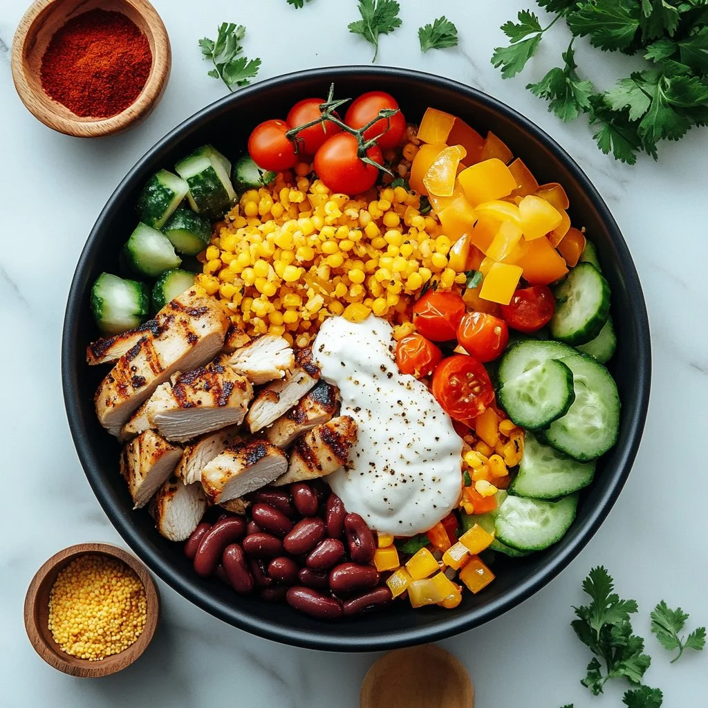 Delicious one-pan chicken burrito bowl loaded with fresh ingredients