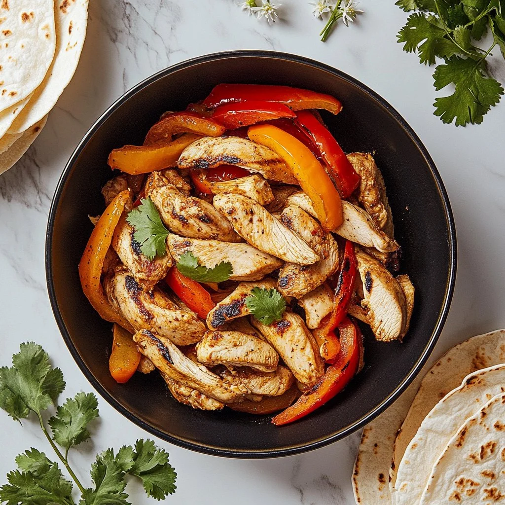 Delicious one-pan chicken fajitas with colorful bell peppers and spices.