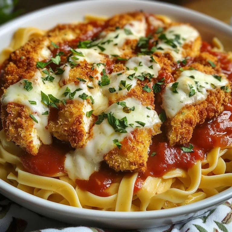 Plate of Parmesan Chicken served with Alfredo pasta and garnished with parsley.