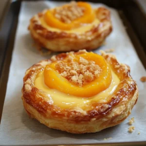Freshly baked peach brioche on a wooden table, beautifully glazed and topped with peach slices.