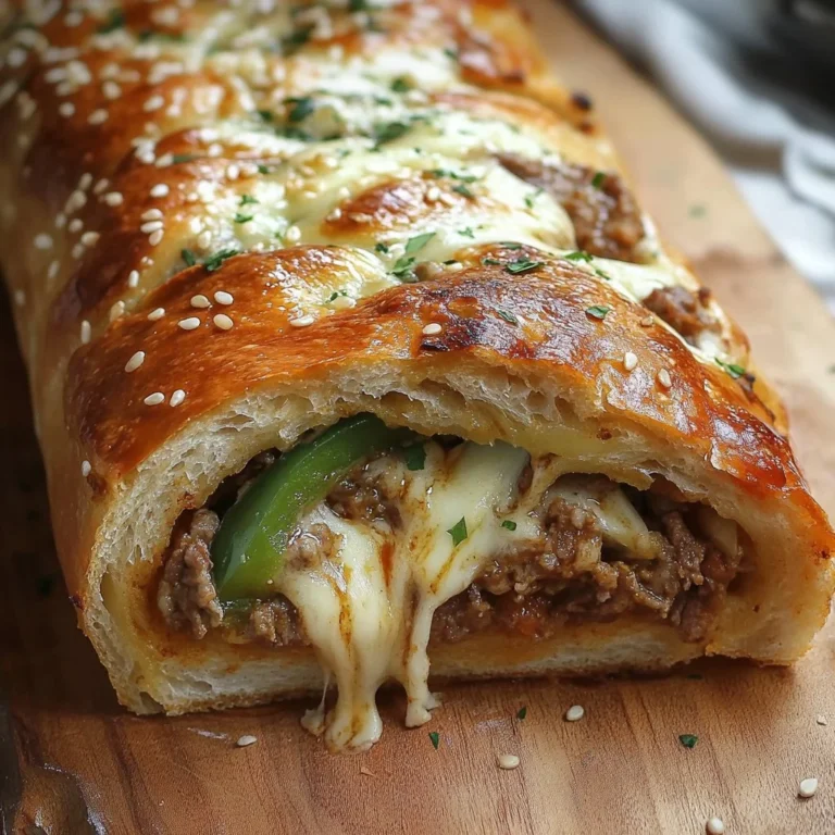 Philly Cheesesteak Stromboli with beef, cheese, and peppers on a wooden board