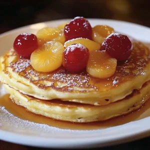 Delicious Pineapple Upside Down Pancake served with syrup and cherries