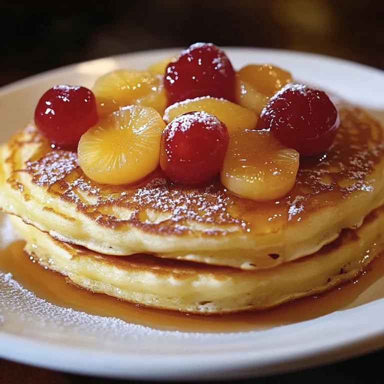 Delicious Pineapple Upside Down Pancake served with syrup and cherries