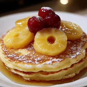 Pineapple upside-down pancakes stacked on a plate with syrup