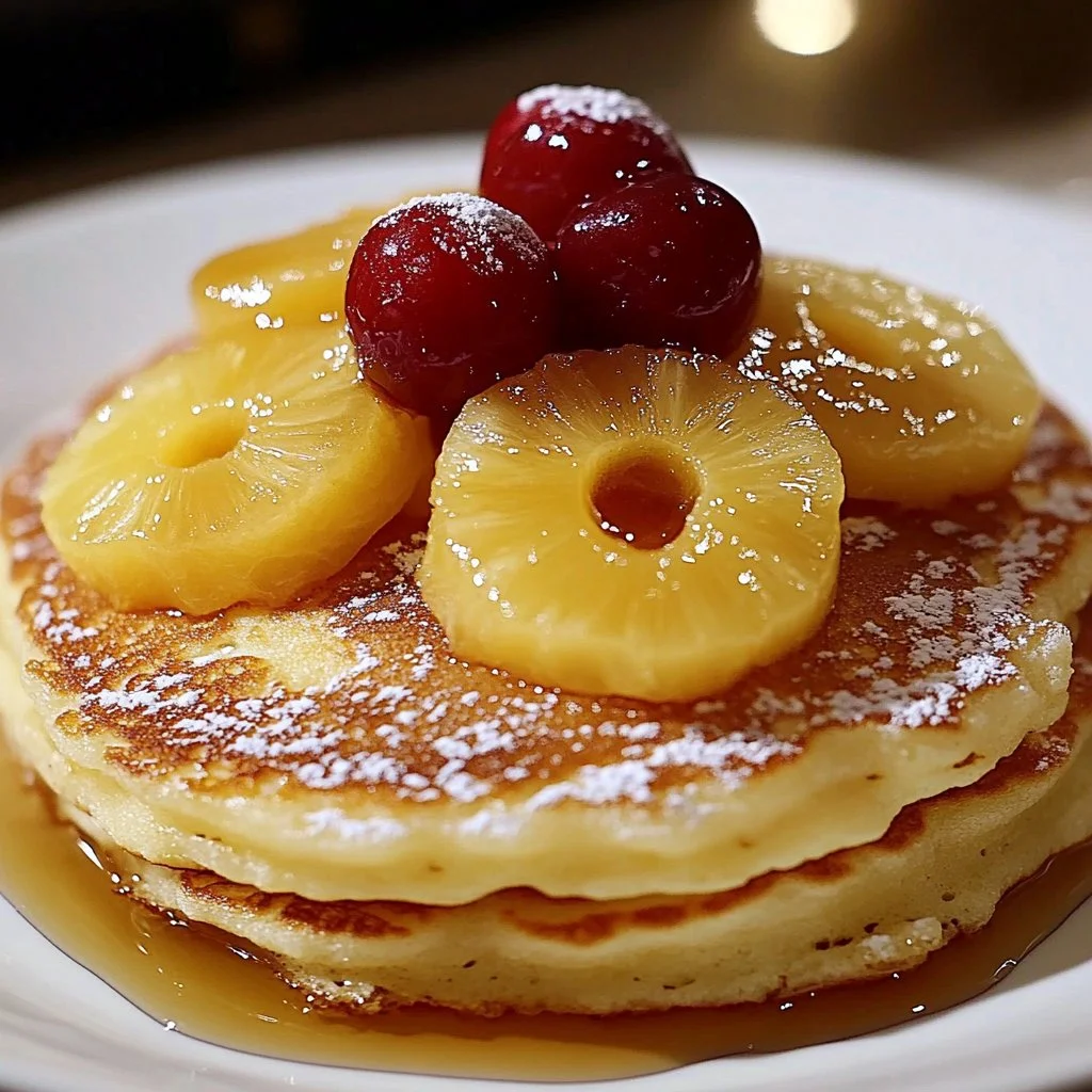 Pineapple upside-down pancakes stacked on a plate with syrup