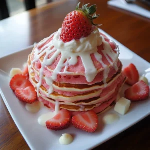 Fluffy protein pancakes topped with strawberries and whipped cream on a plate