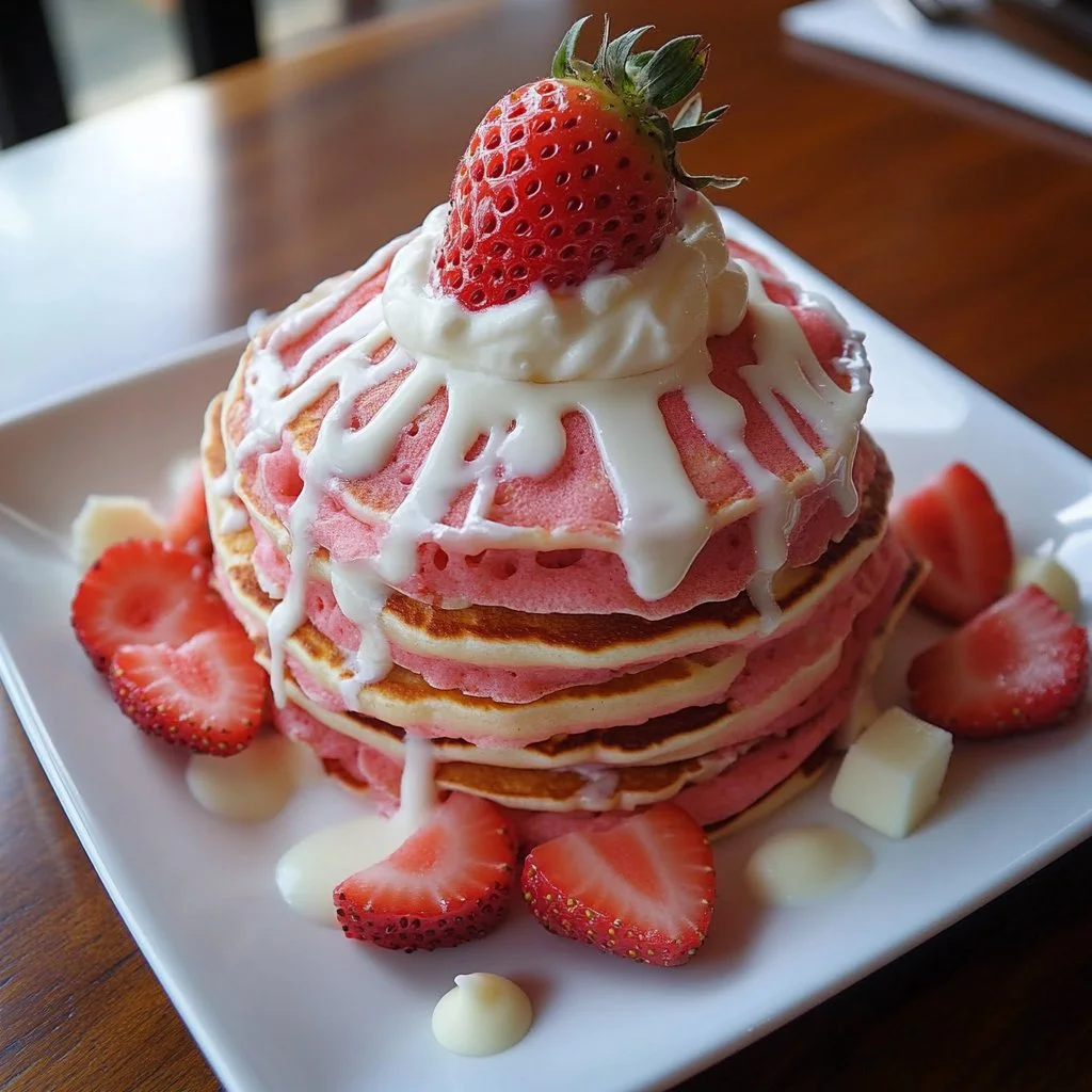Fluffy protein pancakes topped with strawberries and whipped cream on a plate