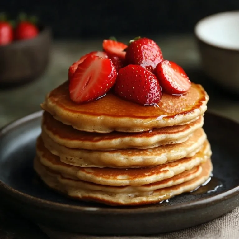 Plate of protein pancakes with strawberries and cream topping