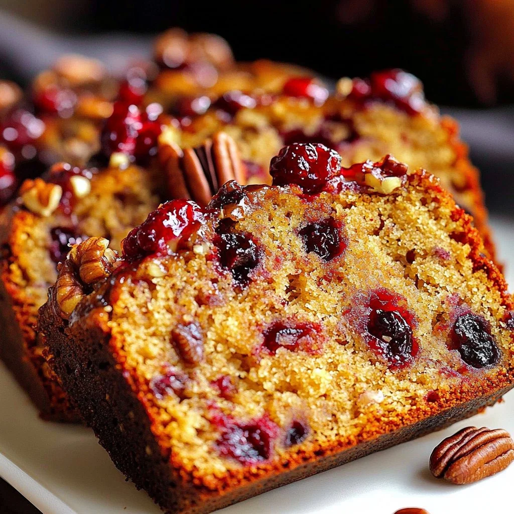 Sliced pumpkin bread with cranberries and pecans, perfect for fall baking.