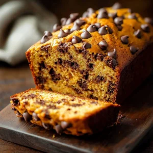 Loaf of moist Pumpkin Chocolate Chip Bread with chocolate chips
