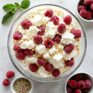 Layered Raspberry White Chocolate Trifle with fresh raspberries and white chocolate cream