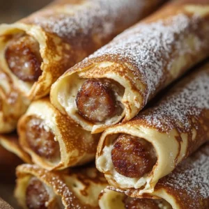 Delicious rolled French toast treats served on a plate with syrup.