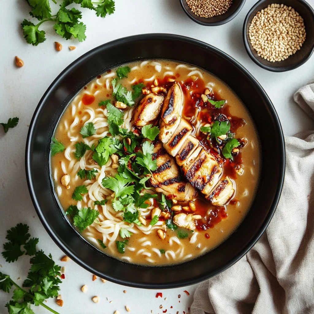 Romance-infused chicken ramen bowl garnished with herbs and soft-boiled egg
