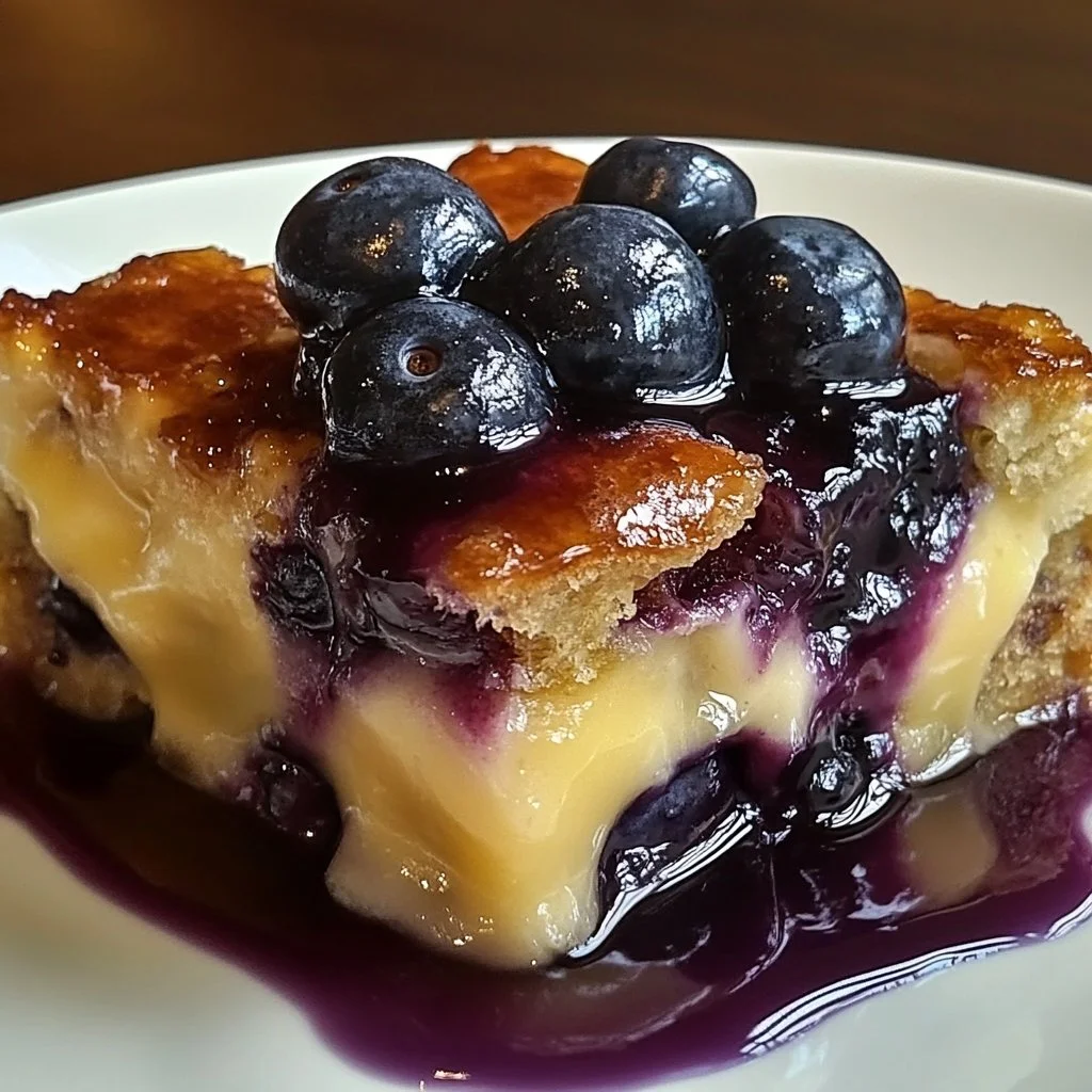 Delicious sausage and blueberry pancake bake in a dish ready to serve
