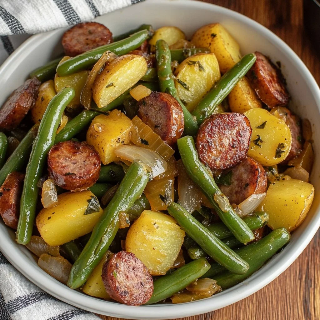 A delicious plate of sausage and swamp potatoes, showcasing Southern cuisine.