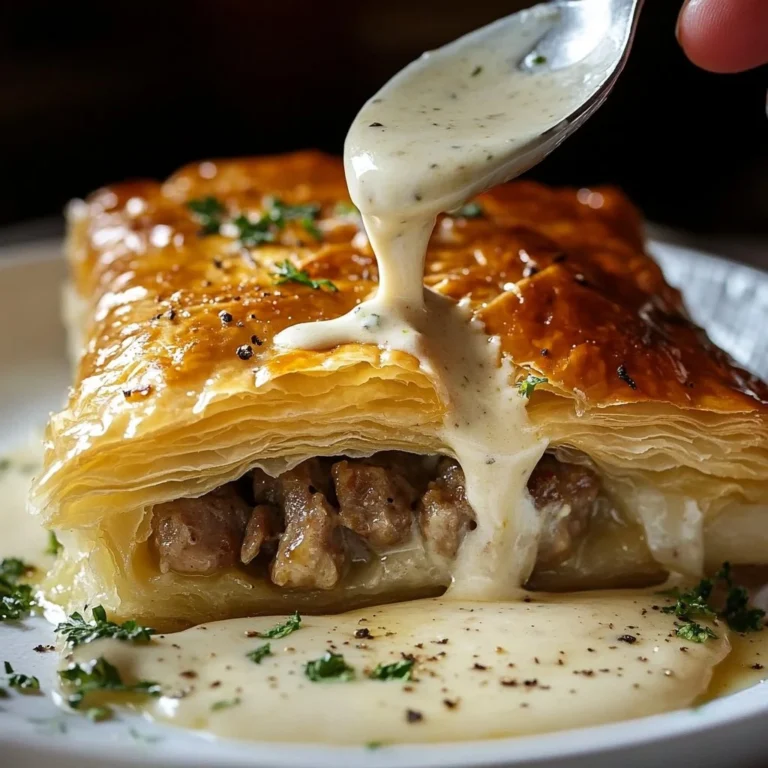 Sausage gravy puff pastry pie served on a plate with a garnish.
