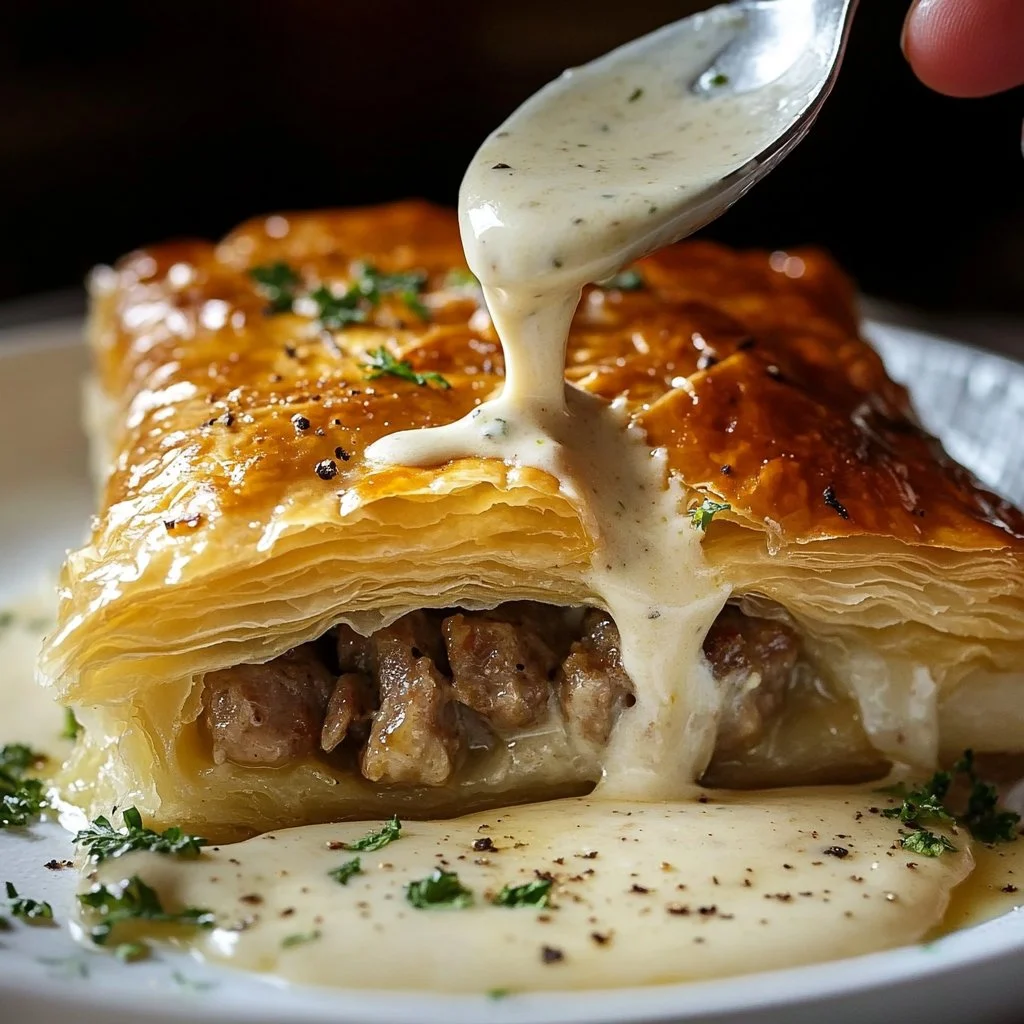 Sausage gravy puff pastry pie served on a plate with a garnish.