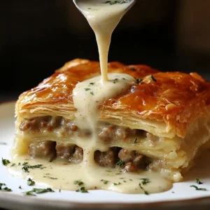 Sausage gravy puff pastry pie topped with herbs on a wooden table