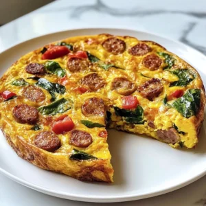 Sausage Spinach Frittata on a plate garnished with fresh herbs