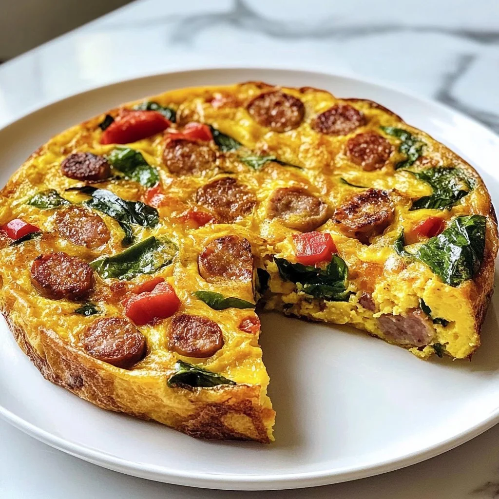 Sausage Spinach Frittata on a plate garnished with fresh herbs