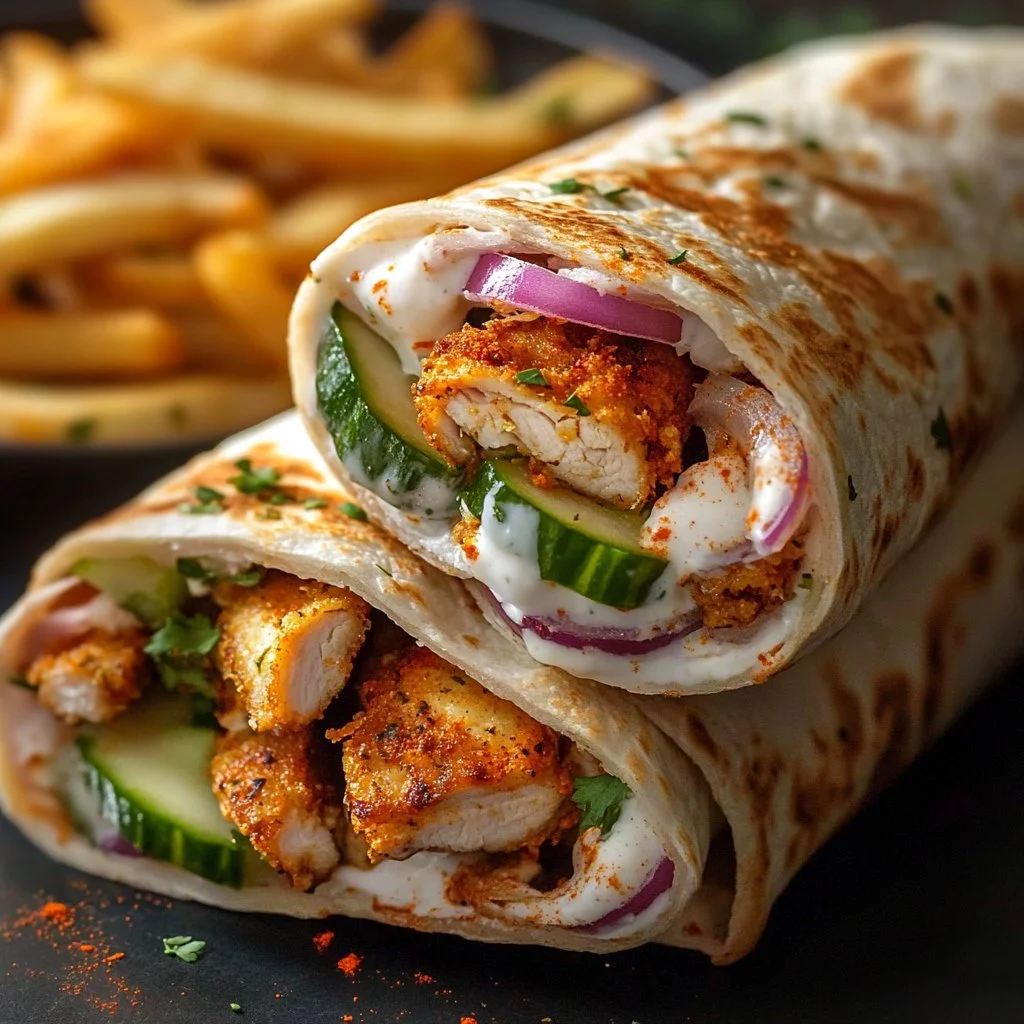 Savory chicken shawarma wrap with fresh ingredients and spices.