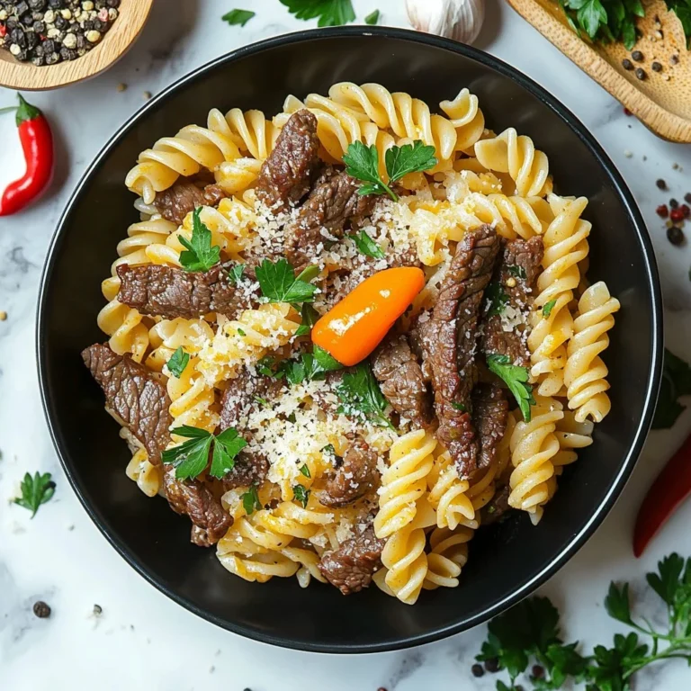 Savory garlic beef pasta dish with herbs and spices