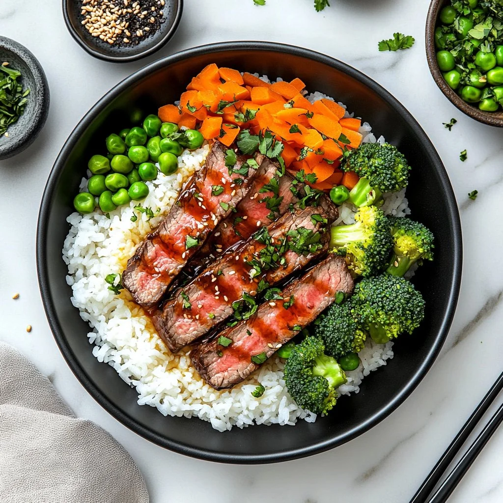 Savory steak rice bowls with fresh vegetables and toppings