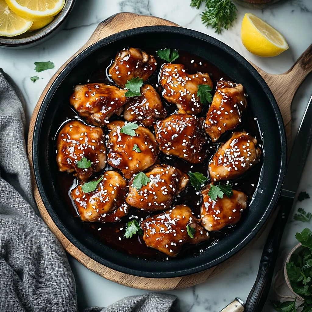 Delicious plate of savory teriyaki chicken garnished with sesame seeds and green onions