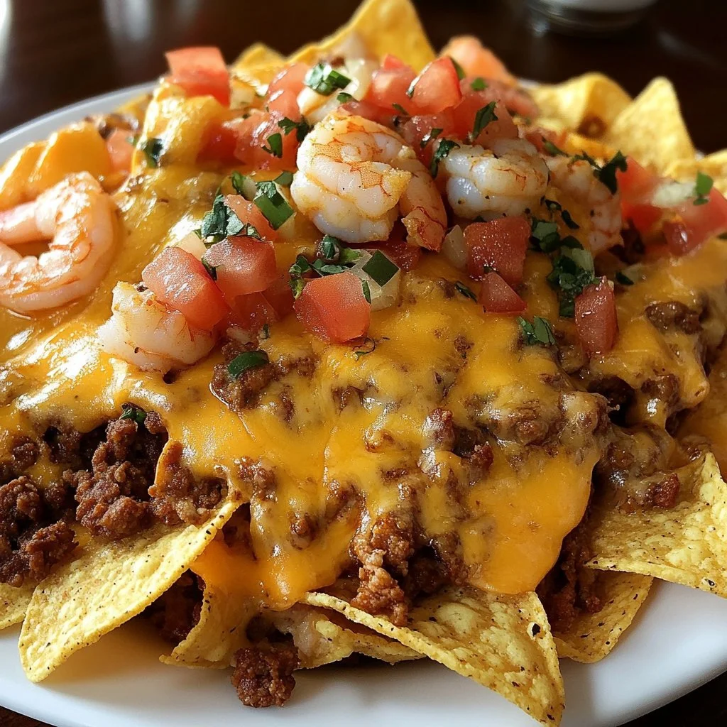 Delicious Seafood and Beef Nacho Fries topped with cheese and fresh ingredients