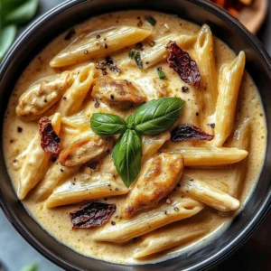 Silky chicken pasta with sun-dried tomatoes in a creamy sauce.