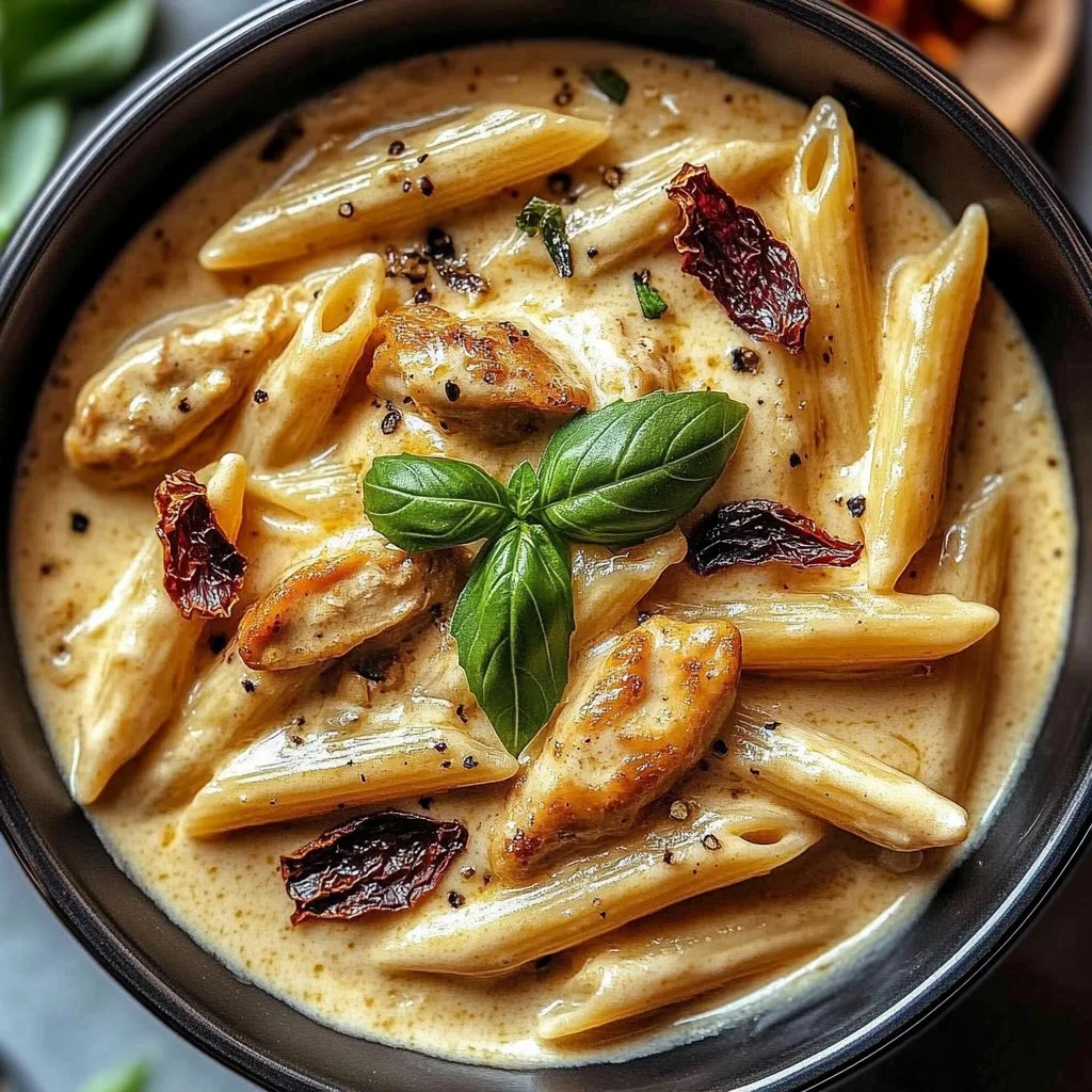 Silky chicken pasta with sun-dried tomatoes in a creamy sauce.